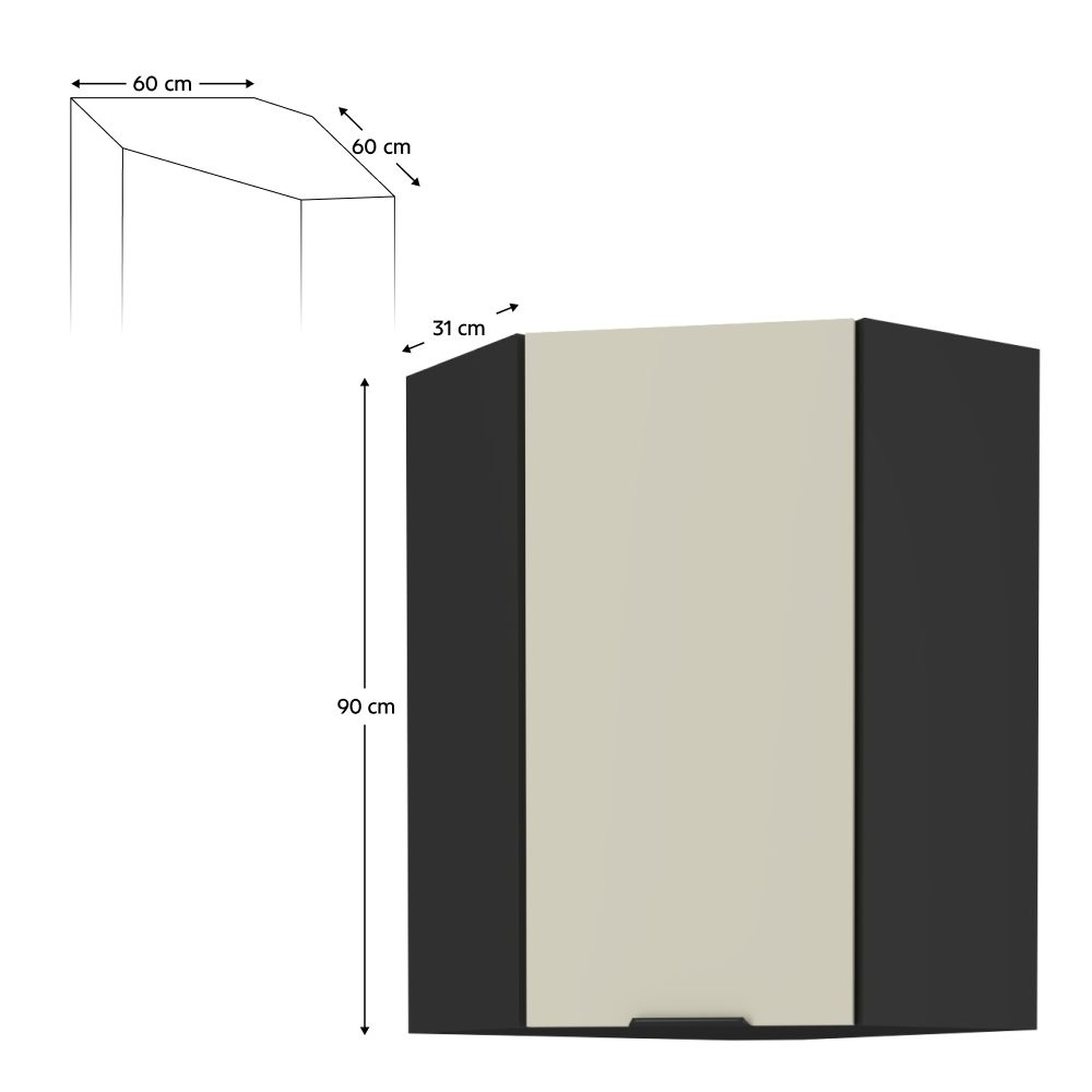 Felső sarokszekrény kasmír/fekete, ARAKA 60x60 GN-90 1F