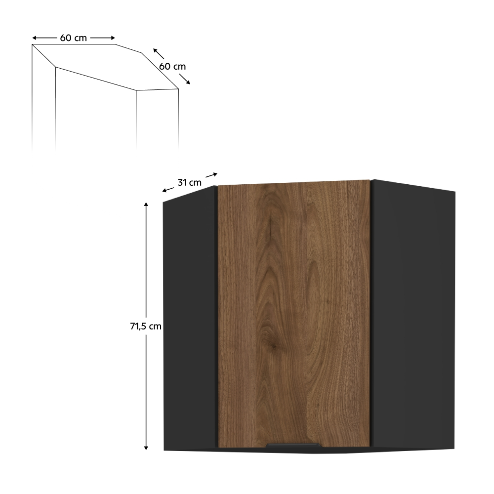 Felső sarokszekrény okapi dió/fekete, MENZO 60x60 GN-72 1F