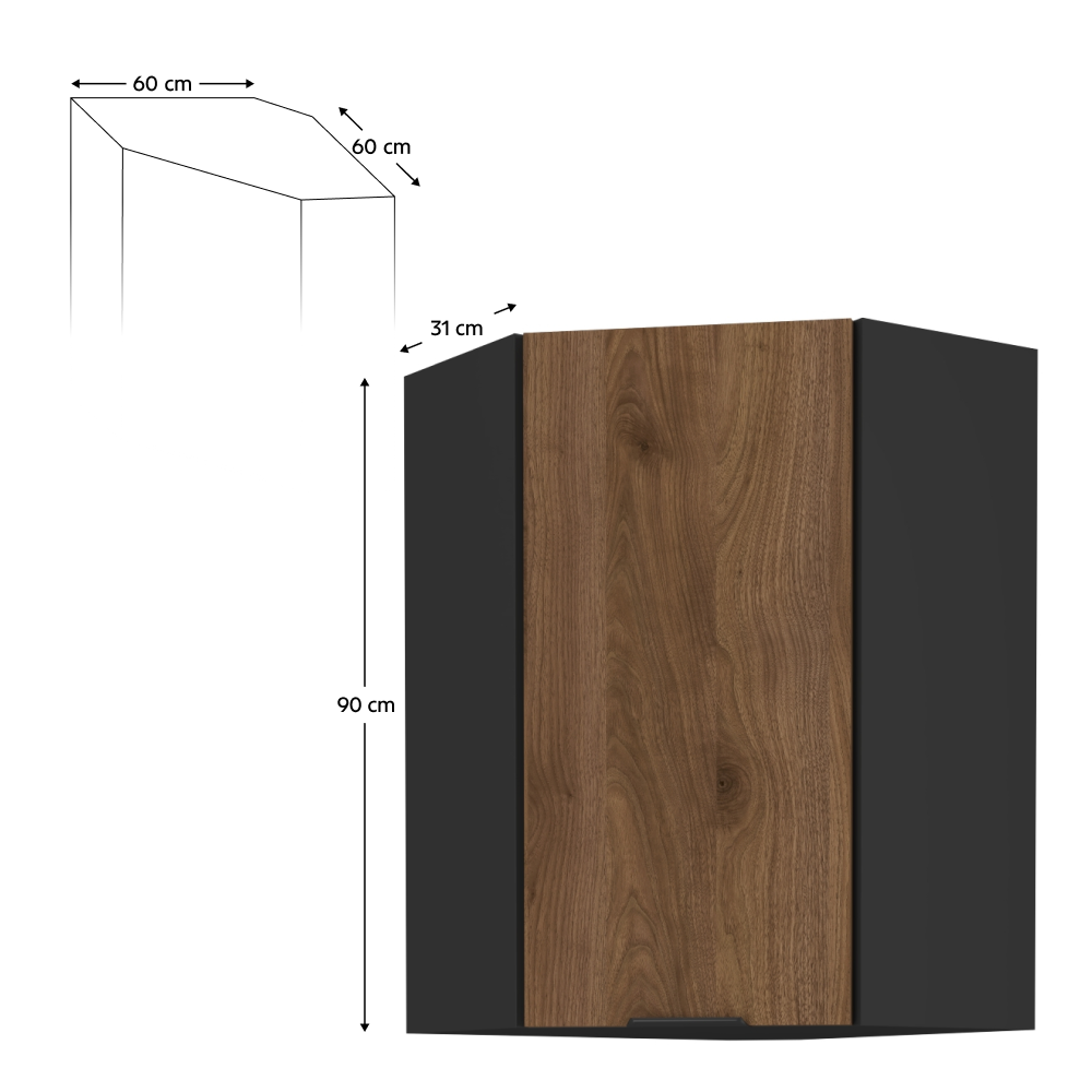 Felső sarokszekrény okapi dió/fekete, MENZO 60x60 GN-90 1F