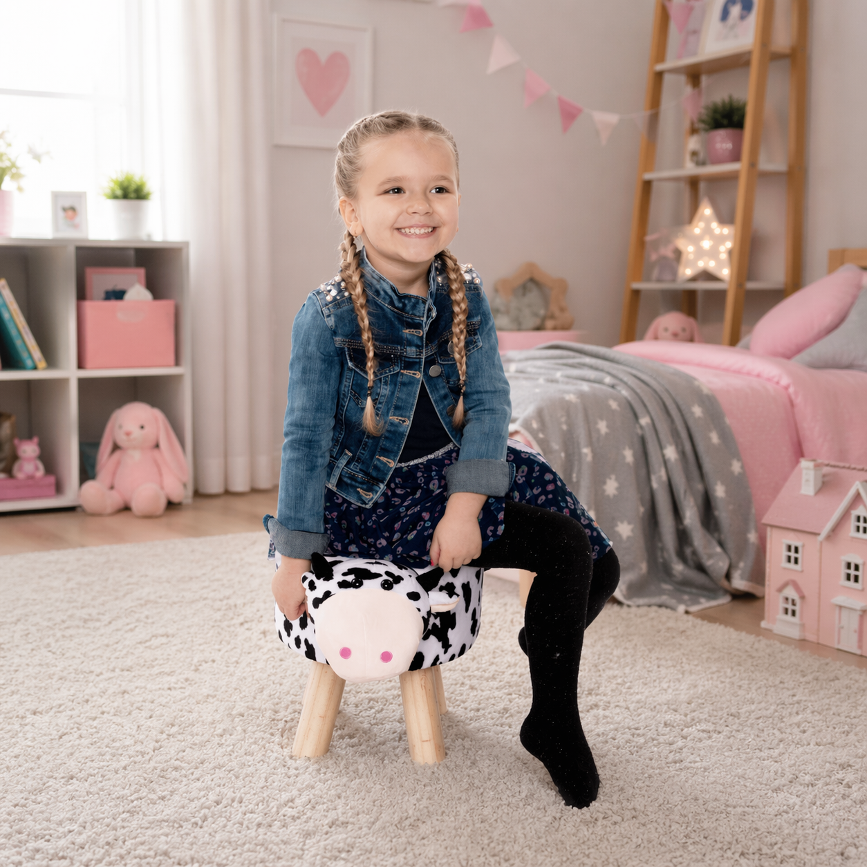 Puff kistehén alakban, Velvet anyag fehér/fekete/natúr, MOLLY