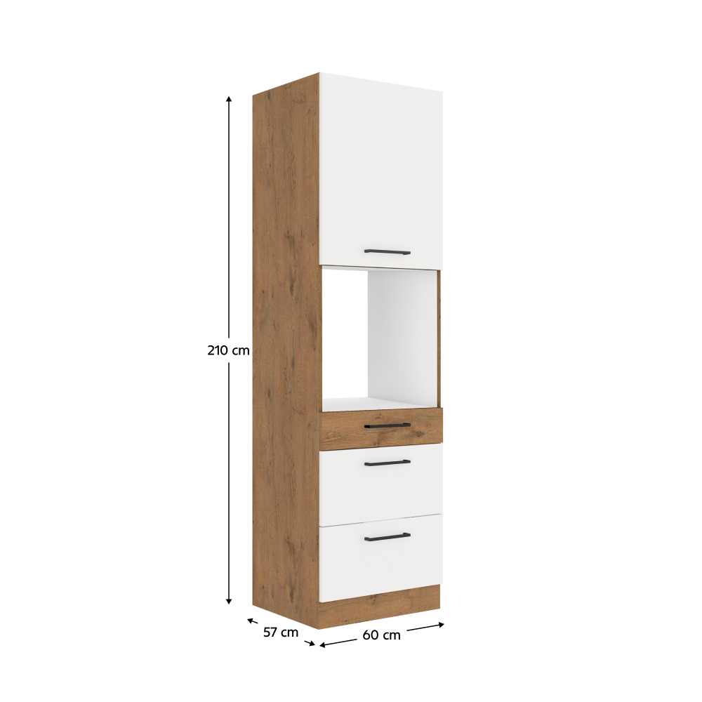 Magas szekrény beépített sütőnek, lancelot tölgy/ fehér extra magas fényű HG, VEGA 60 DPS-210 3S 1F