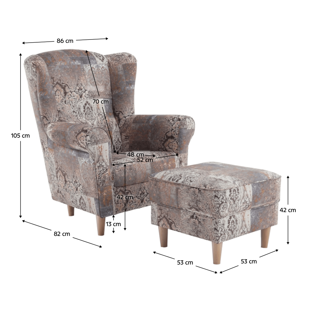 füles fotel puffal, szövet patchwork N1, ASTRID