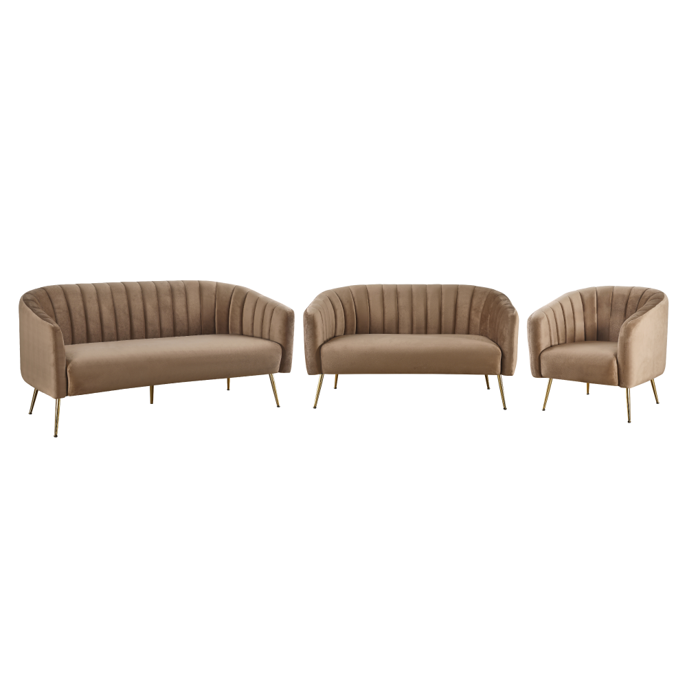 Design 3-as ülés kanapé, barna bársony szövet/arany króm-arany, BAGY