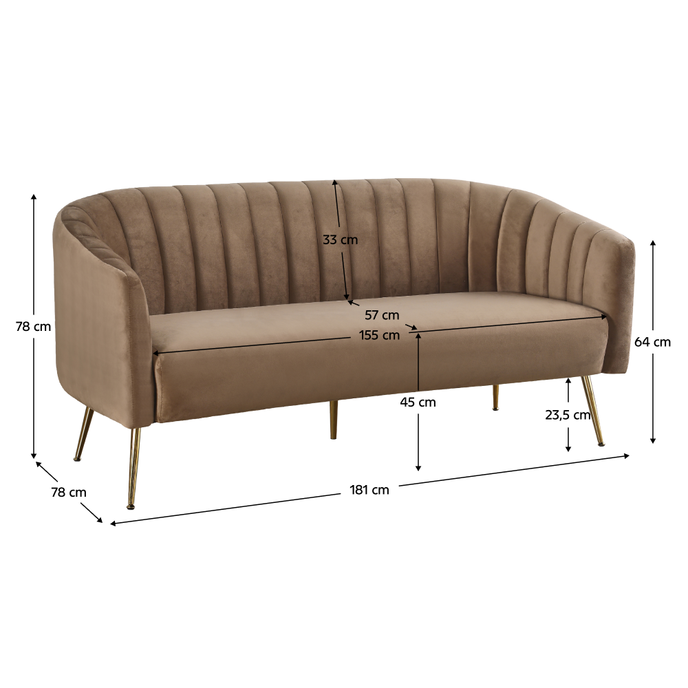 Design 3-as ülés kanapé, barna bársony szövet/arany króm-arany, BAGY