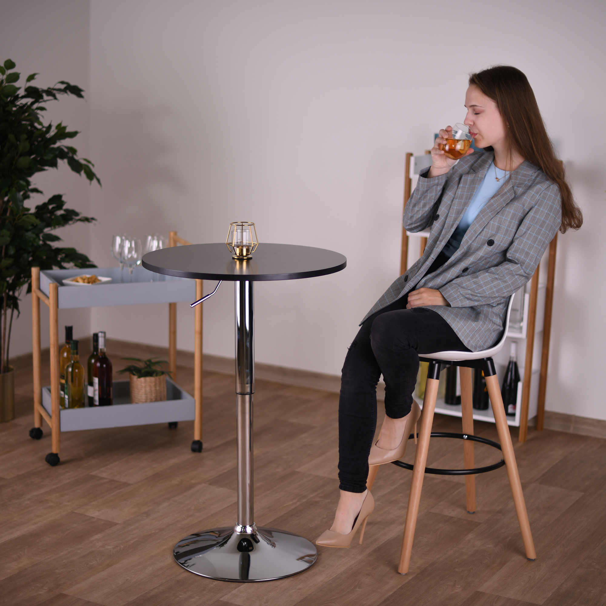 Bárasztal, magasság állítással, króm/fehér, átmérő 60 cm, BRANY 2 NEW
