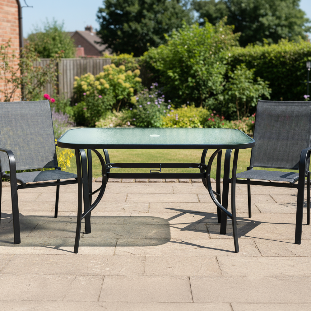 Étkezőasztal, fekete acél/edzett üveg, DEMAT NEW