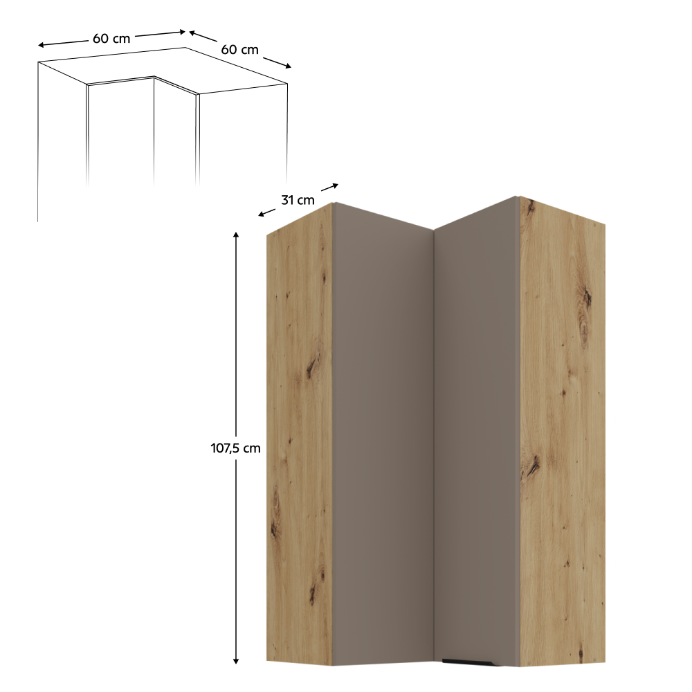 Felső sarokszekrény, sandgrau/artisan tölgy, FRISBO 60x60 GN-108 2F
