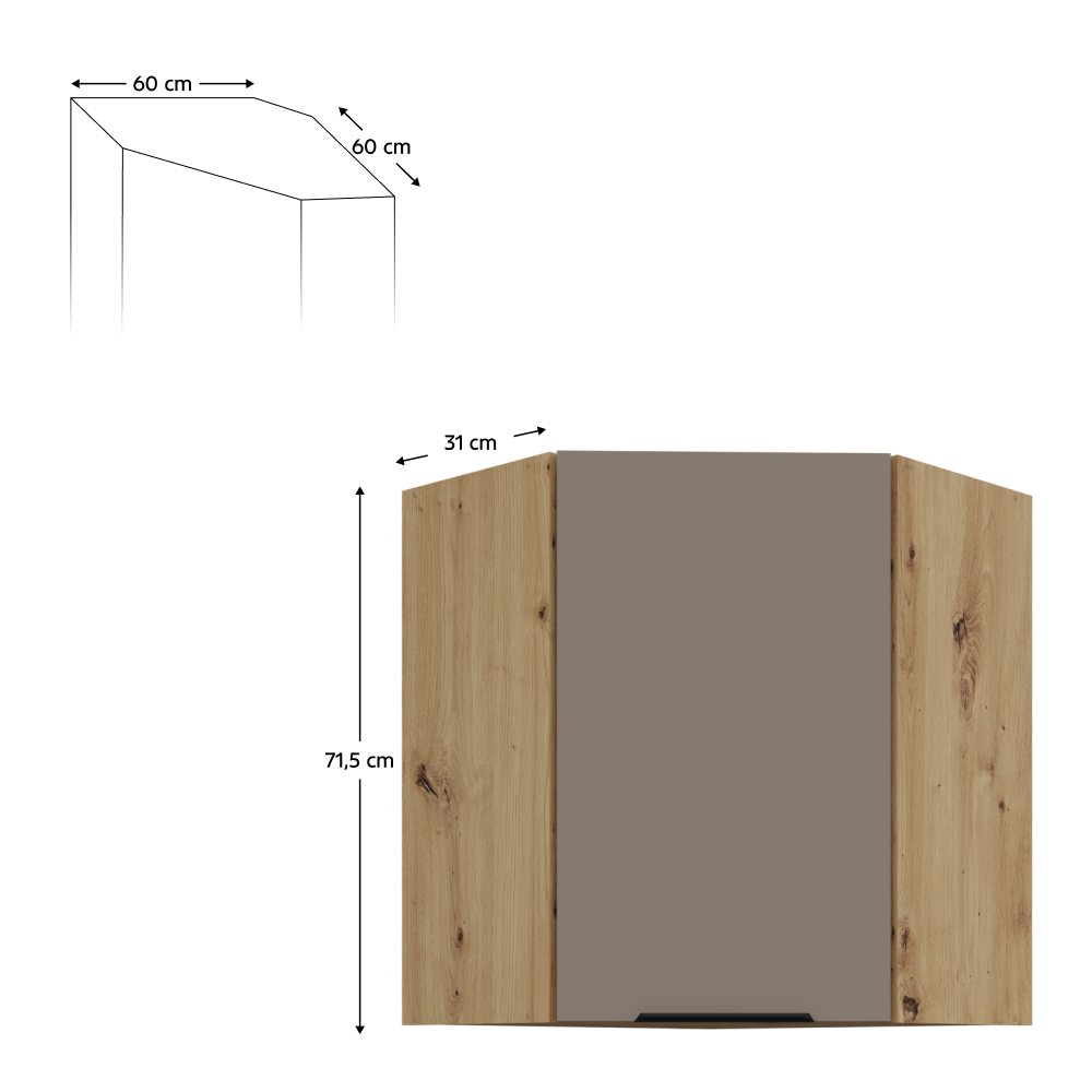 Felső sarokszekrény, sandgrau/artisan tölgy, FRISBO 60x60 GN-72 1F
