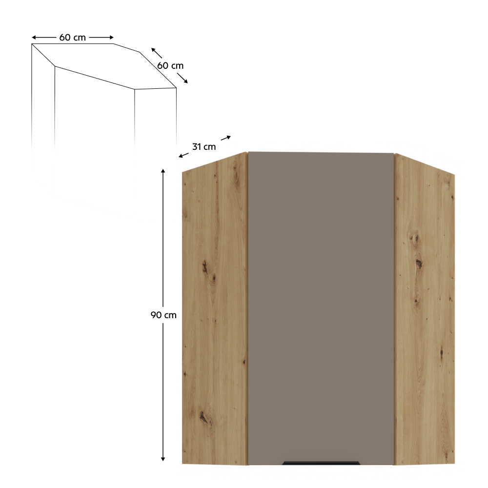 Felső sarokszekrény, sandgrau/artisan tölgy, FRISBO 60x60 GN-90 1F