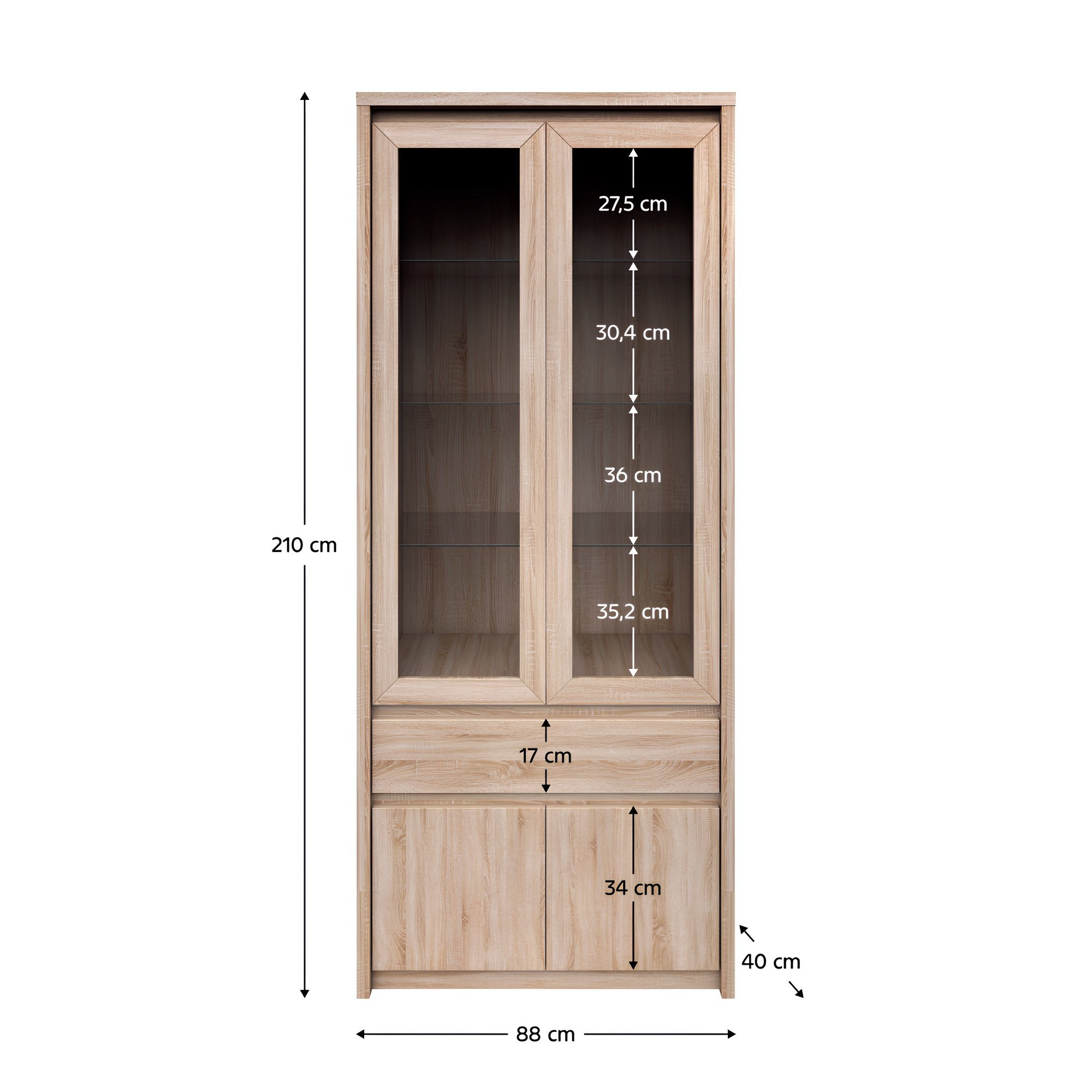 Vitrines szekrény, DTD laminált, tölgy sonoma, NORTY TYP 3