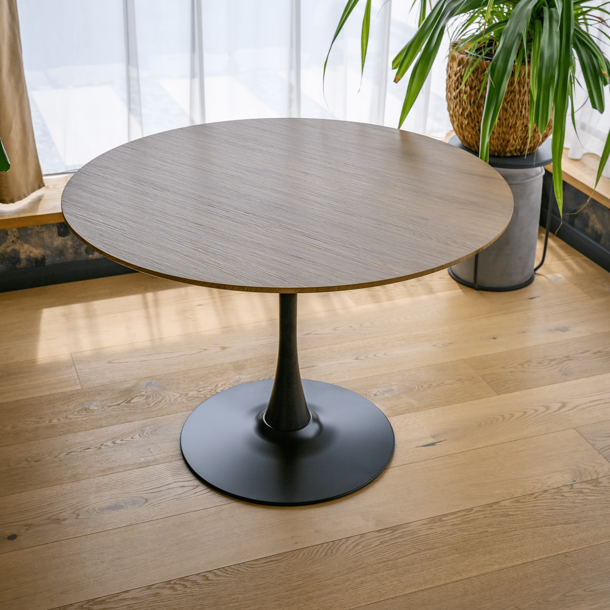 Étkezőasztal, kerek, tölgy/fekete, átmérő 110 cm, REVENTON NEW