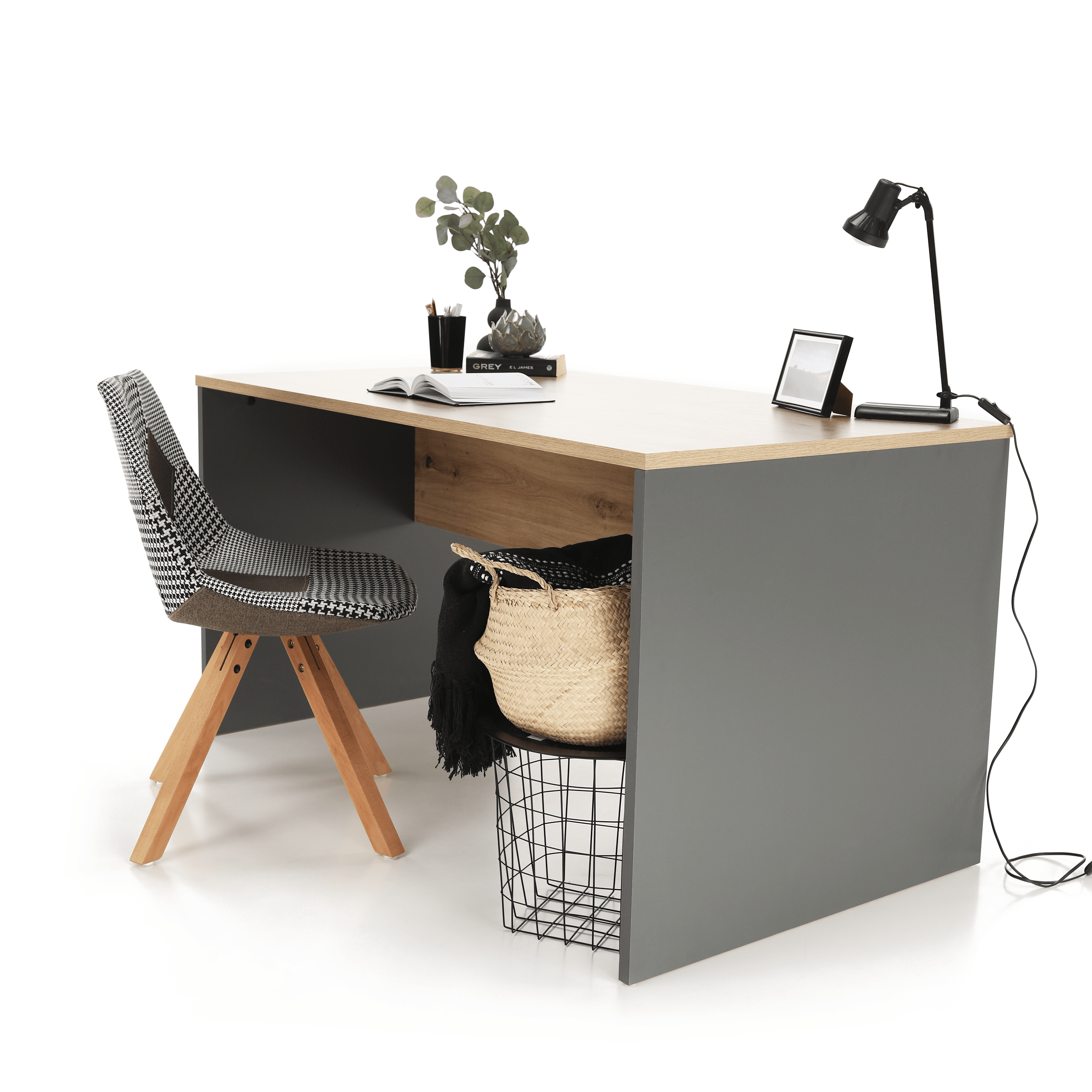 Íróasztal, grafit/tölgyfa artisan, RIOMA NEW TYP 11