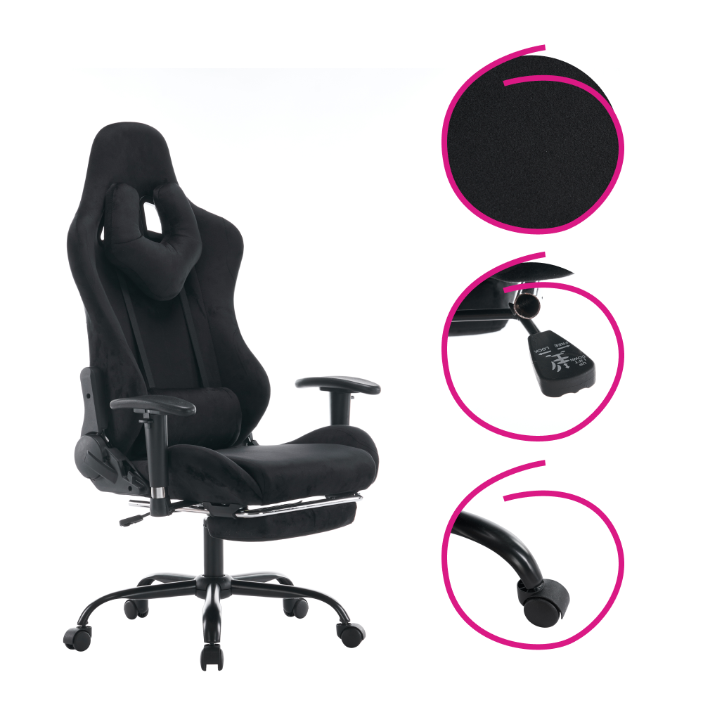 Irodai/gamer szék, fekete Velvet szövet, teherbírás 150 kg, SALOP