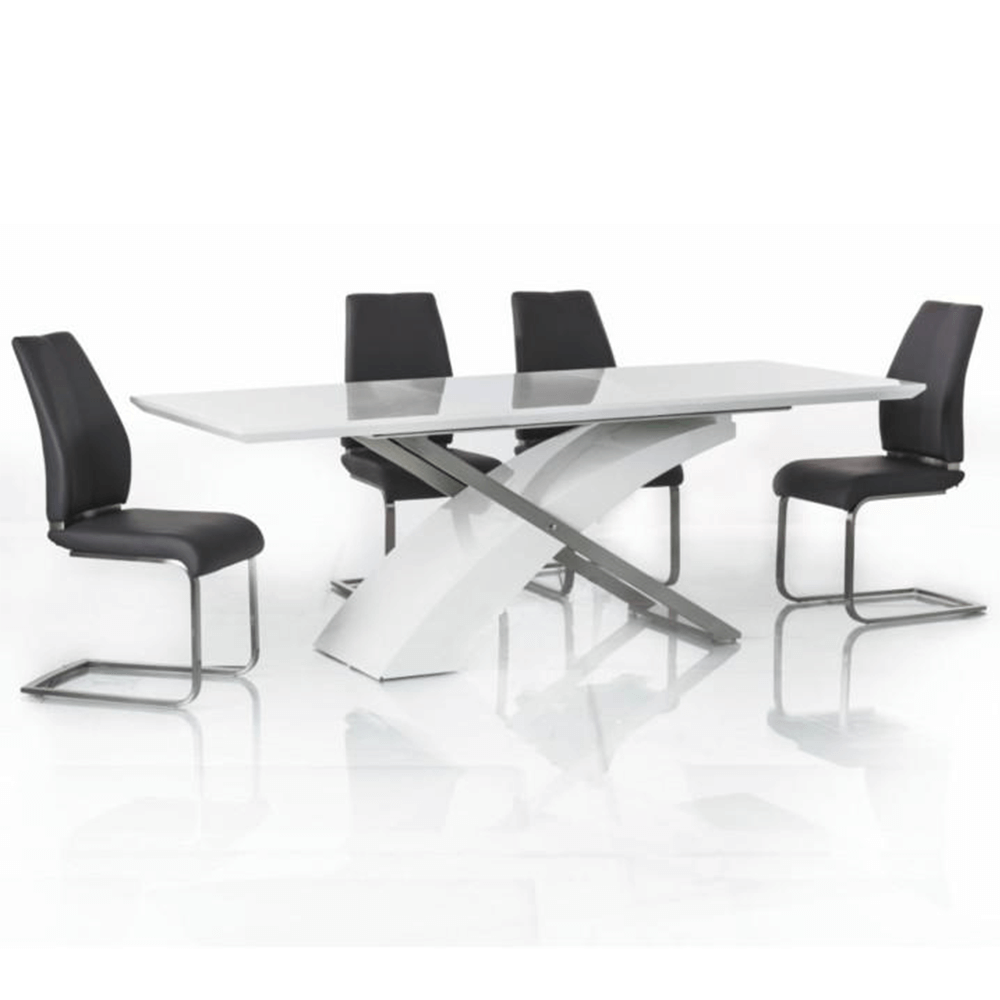 Meghosszabbítható étkezőasztal, fehér extra magasfényű HG/fém, 160-220x90 cm, KROS